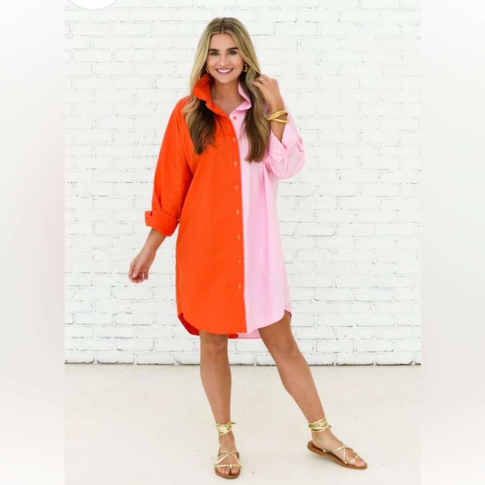 Caryn Lawn “Carter” Colorblock Shirtdress In Coral/Pink Size L